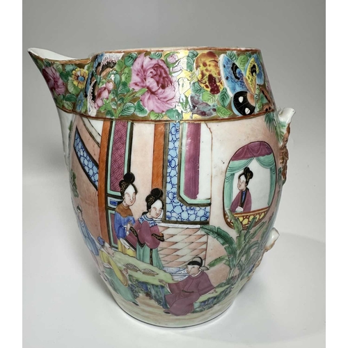 114 - A Chinese export porcelain famille rose jug, bulbous form, decorated with scenes of family or court ... 