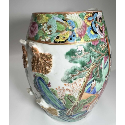 114 - A Chinese export porcelain famille rose jug, bulbous form, decorated with scenes of family or court ... 