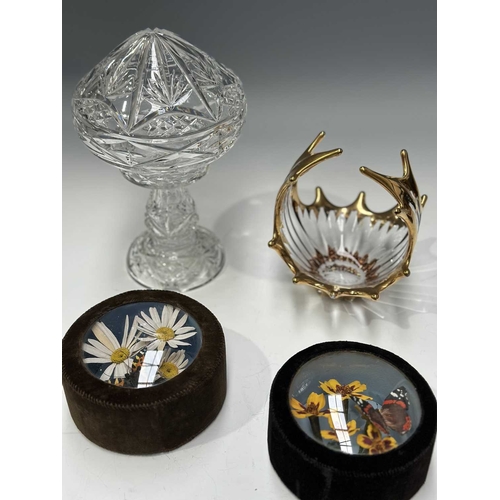 125 - A mixed collection of trinkets to include a cut glass mushroom table lamp h: 27cm, a Bayel crystal c... 