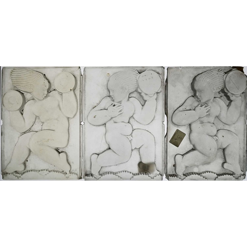 127 - Allan Edgar Howes for Jobling, a set of three Art Deco frosted glass plaques, modelled in relief wit... 