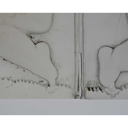 127 - Allan Edgar Howes for Jobling, a set of three Art Deco frosted glass plaques, modelled in relief wit... 