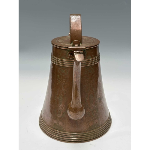 140 - A copper flagon or jug, lidded with a bolt to secure it, hinged flap to the spout, handled, decorate... 