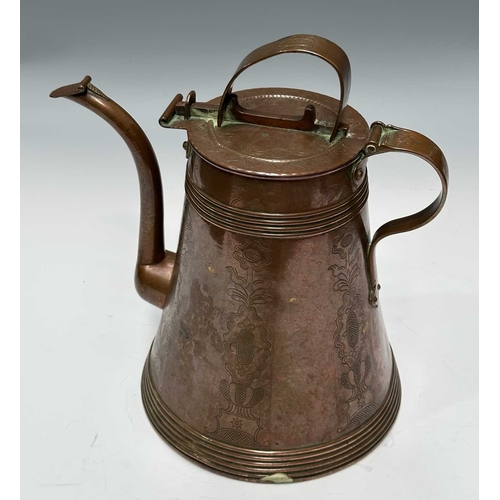 140 - A copper flagon or jug, lidded with a bolt to secure it, hinged flap to the spout, handled, decorate... 