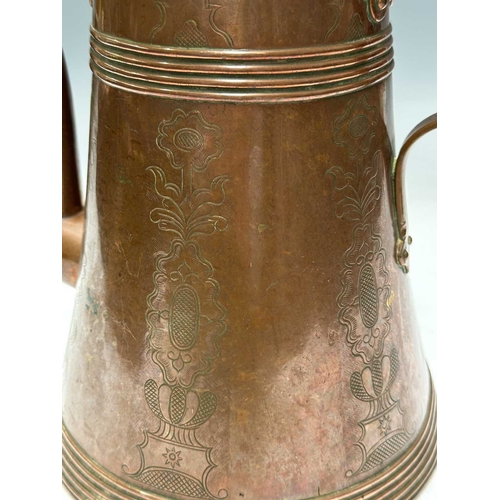 140 - A copper flagon or jug, lidded with a bolt to secure it, hinged flap to the spout, handled, decorate... 