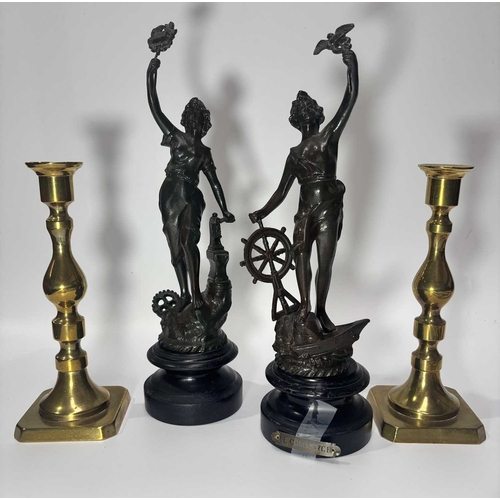 141 - Fire instruments, a 19th century steel set of fire tongs 75cm and shovel 71.5cm, a pair of brass can... 