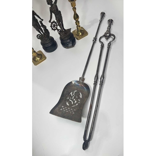 141 - Fire instruments, a 19th century steel set of fire tongs 75cm and shovel 71.5cm, a pair of brass can... 