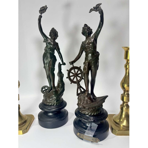 141 - Fire instruments, a 19th century steel set of fire tongs 75cm and shovel 71.5cm, a pair of brass can... 