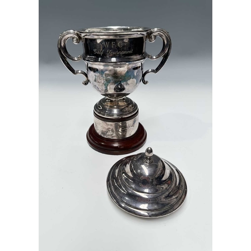144 - A twentieth-century plated trophy cup and cover, for the 'W.F.C. Golf Tournament...Presented by Geor... 