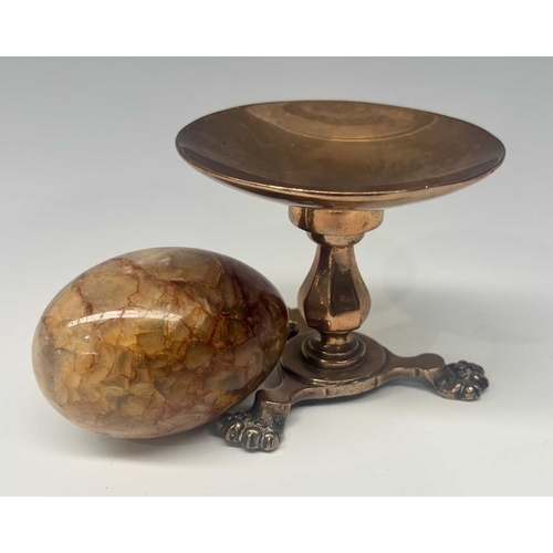 145 - A carved fluorspar type egg, together with a bronze pedestal tripod stand or tazza, probably 19th ce... 