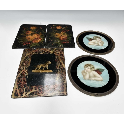 147 - Three folk art painted slate panels in the Canalania style: two with floral still lives 27cm by 18cm... 