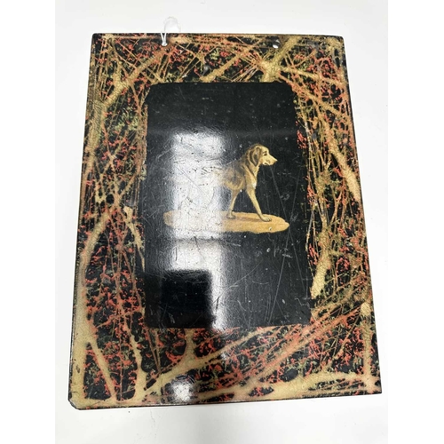 147 - Three folk art painted slate panels in the Canalania style: two with floral still lives 27cm by 18cm... 