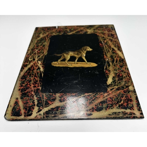 147 - Three folk art painted slate panels in the Canalania style: two with floral still lives 27cm by 18cm... 