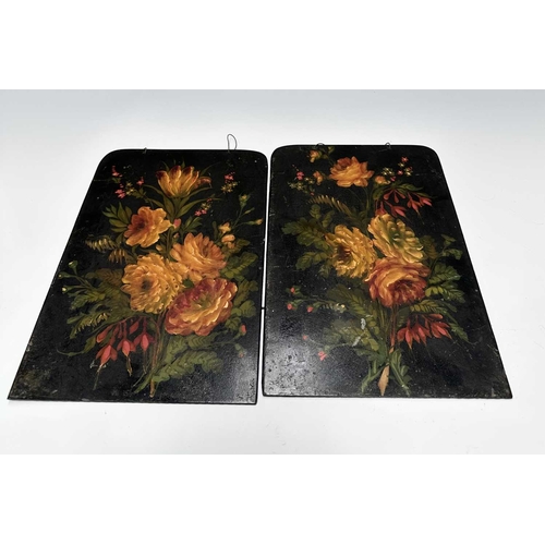 147 - Three folk art painted slate panels in the Canalania style: two with floral still lives 27cm by 18cm... 
