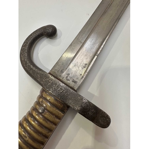 151 - A French Chassepot bayonet engraved to blade 'Tulle Fevrier 1872', with F. G. 50262 stamped to the g... 