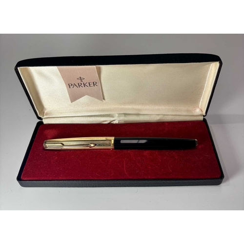 165 - Parker, a 61 fountain pen, black barrel gold plated pinstripe cap, pearlescent buttons, 14 carat gol... 