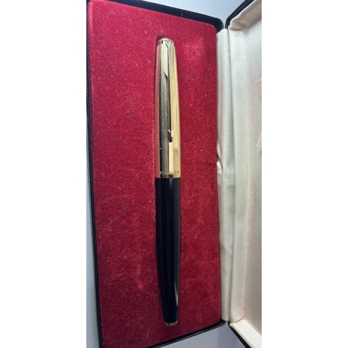 165 - Parker, a 61 fountain pen, black barrel gold plated pinstripe cap, pearlescent buttons, 14 carat gol... 