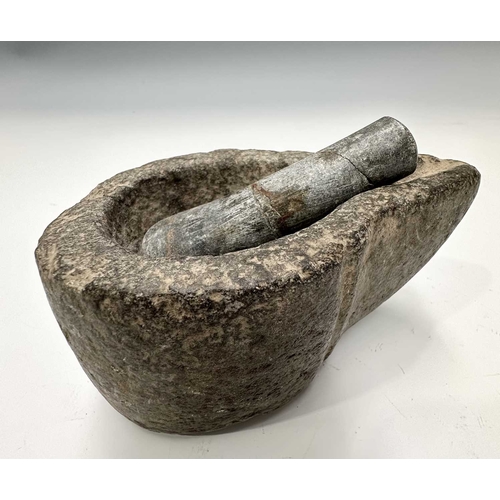 179 - A small stone, possibly ancient, pear-shaped mortar with pouring spout, height 6cm, a square basalt ... 