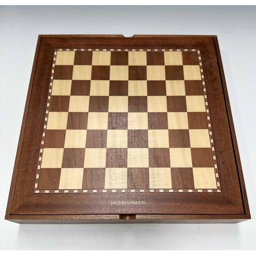184 - A Jaques of London games compendium, wooden box, chess board for a lid, opening to poker dice, cards... 