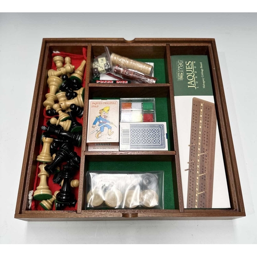 184 - A Jaques of London games compendium, wooden box, chess board for a lid, opening to poker dice, cards... 