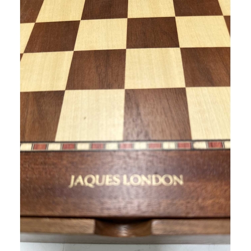 184 - A Jaques of London games compendium, wooden box, chess board for a lid, opening to poker dice, cards... 
