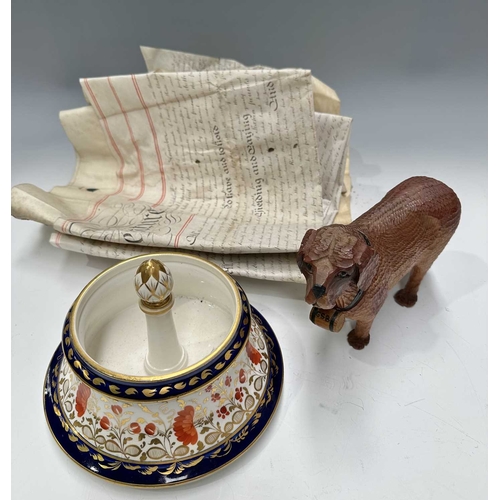 197 - Three vellum indentures, the earliest King James, 1611, 1829 and 1849, together with a carved Black ... 