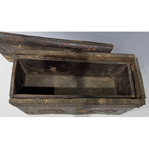 204 - A Tibetan wood and copper-bound altar with lockable drawer, 19th century or earlier, ruyi carved dec... 