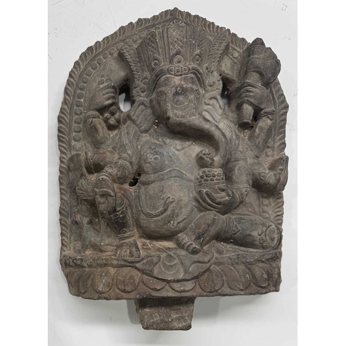 217 - A flat back relief carved Ganesha figure with his vahana rat companion, Mooshika or Mushika, grey sc... 