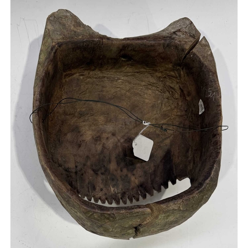 224 - A hand carved wood tiger head mask with layers of patinated polychrome decoration, modelled with poi... 