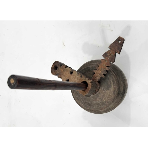 260 - A Nepalese turned hardwood butter churn with lid, dash/plunger terminating in a cross-form paddle, a... 