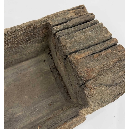 276 - A 19th century Nepalese dowry box and lid, leather over a cane structure, iron fastenings, h:48, w:5... 