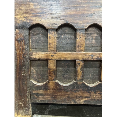 280 - A wooden two plank grain store, Tamang, North West Nepal, the chest ornamented with a relief grid bo... 