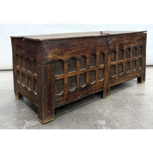 280 - A wooden two plank grain store, Tamang, North West Nepal, the chest ornamented with a relief grid bo... 