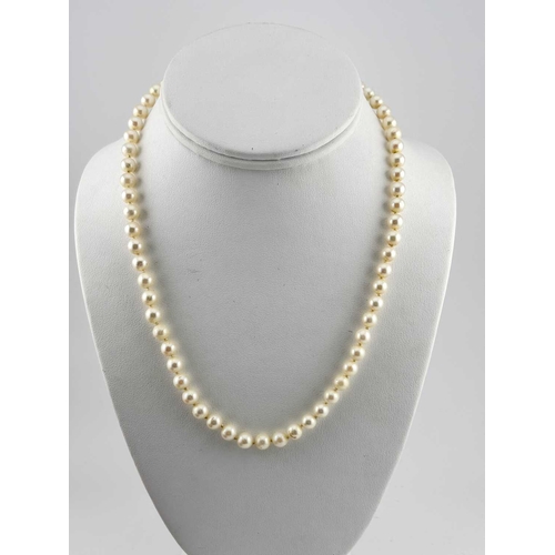 336 - A cultured pearl necklace, clasp stamped 585