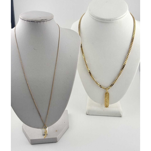 376 - A gold-coloured metal chain, apparently unmarked, with a pendant with Egyptian gold assay marks, gro... 