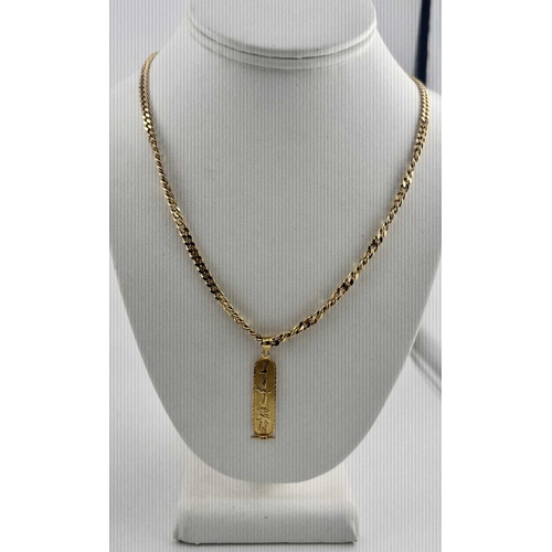 376 - A gold-coloured metal chain, apparently unmarked, with a pendant with Egyptian gold assay marks, gro... 