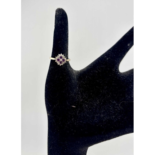 378 - A 9ct gold amethyst and single-cut diamond cluster ring, estimated total diamond weight 0.15ct, hall... 