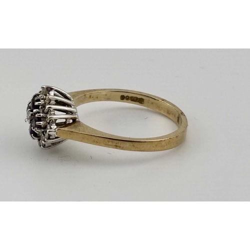 378 - A 9ct gold amethyst and single-cut diamond cluster ring, estimated total diamond weight 0.15ct, hall... 