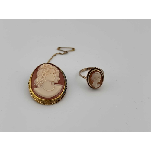 428 - A 9ct gold cameo ring and brooch, ring with hallmarks for Birmingham 1971, ring size M, brooch stamp... 