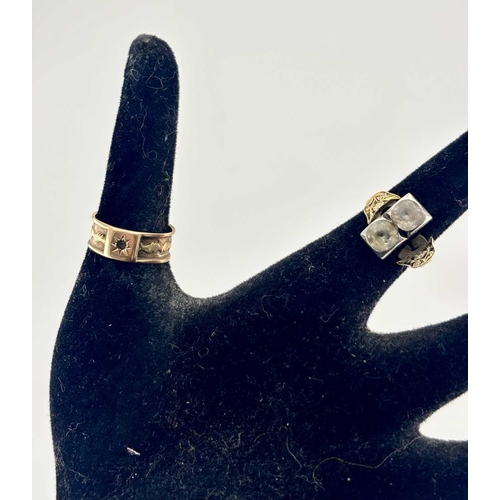 432 - Two Victorian gold rings, to include a band ring with central foliate line detail, later stamped 14k... 