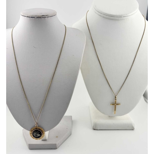 434 - Two gold-coloured metal pendants with chains, a cross and chain indistinctly stamped and with an oak... 