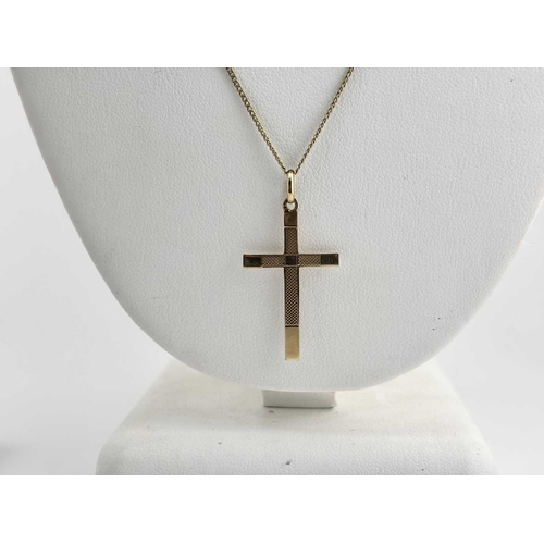 434 - Two gold-coloured metal pendants with chains, a cross and chain indistinctly stamped and with an oak... 