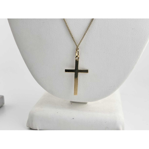 434 - Two gold-coloured metal pendants with chains, a cross and chain indistinctly stamped and with an oak... 