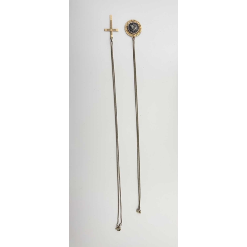 434 - Two gold-coloured metal pendants with chains, a cross and chain indistinctly stamped and with an oak... 