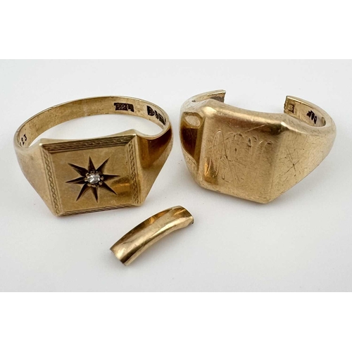 448 - Two 9ct gold signet rings, both with hallmarks, one ring in pieces, total weight 10.6g (2)