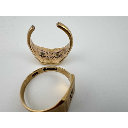 448 - Two 9ct gold signet rings, both with hallmarks, one ring in pieces, total weight 10.6g (2)