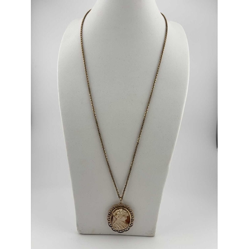 450 - A cameo pendant and chain, both stamped 375, length of pendant 4.5cm, length of chain 61cm, 13.9g.