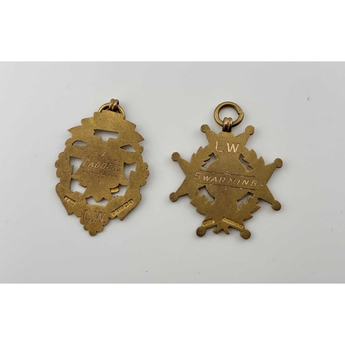 451 - Two early 20th century 9ct gold medals, hallmarks for William Hair Haseler, Birmingham 1915, lengths... 