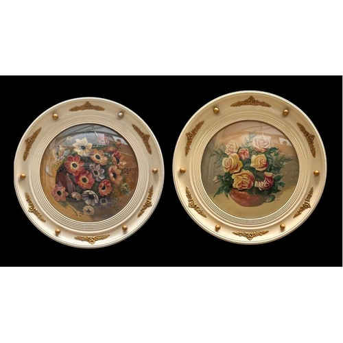476 - Two mid-century Jelson, floral still lives with circular cream, porthole-style frames with applied s... 