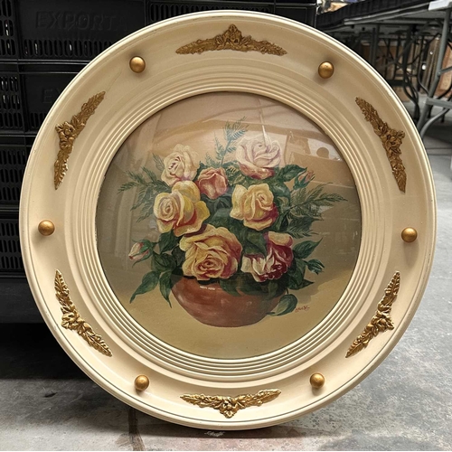 476 - Two mid-century Jelson, floral still lives with circular cream, porthole-style frames with applied s... 