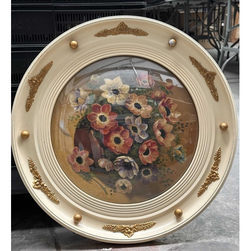 476 - Two mid-century Jelson, floral still lives with circular cream, porthole-style frames with applied s... 